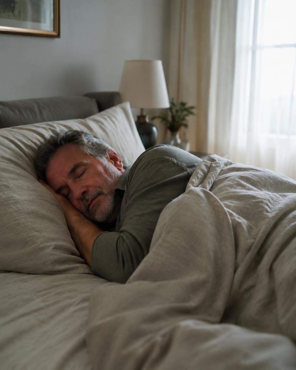 A man in his late fifties sleeping peacefully under linen sheets in a calm bedroom at dawn