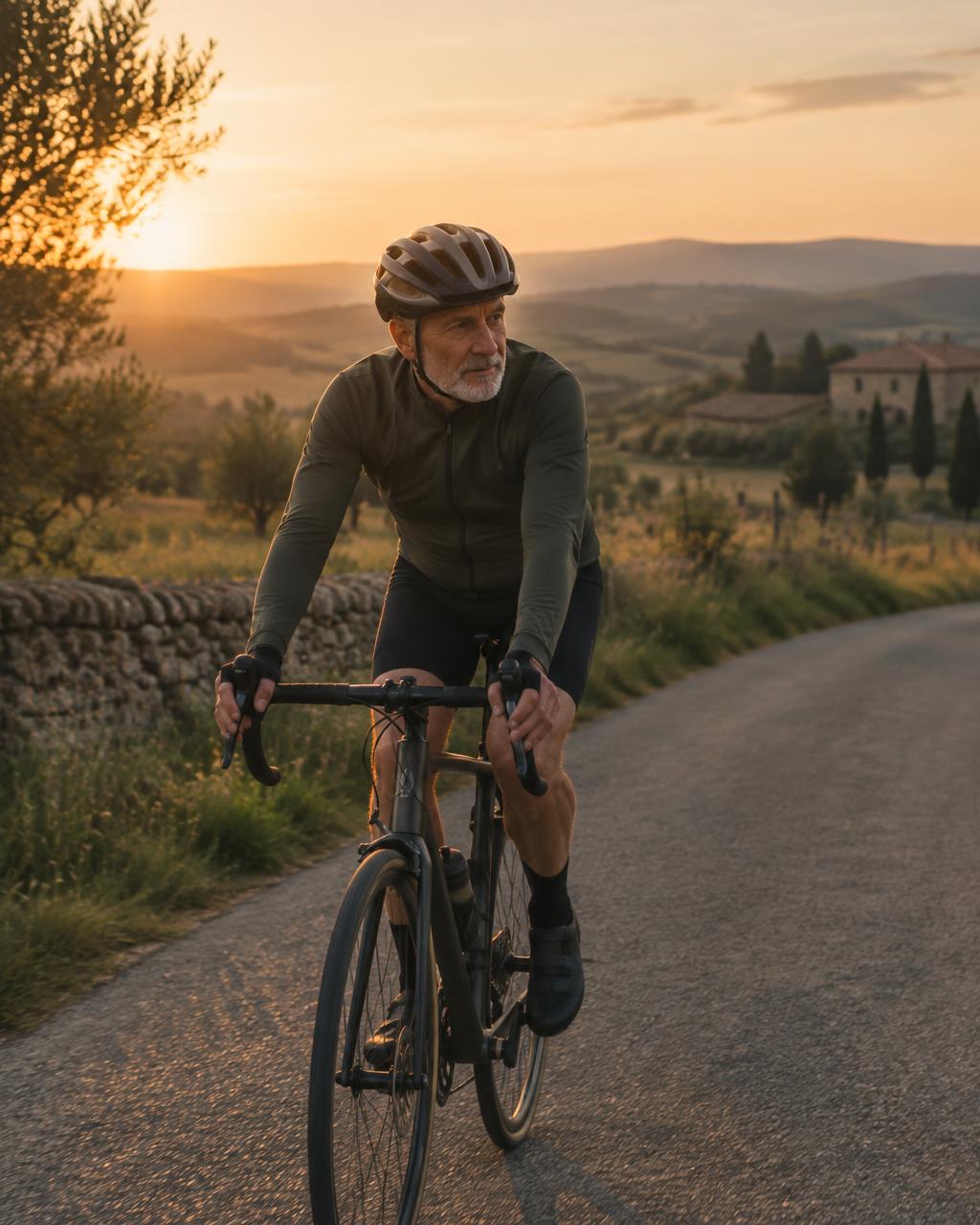 A man around sixty cycling along a quiet country road at golden hour
