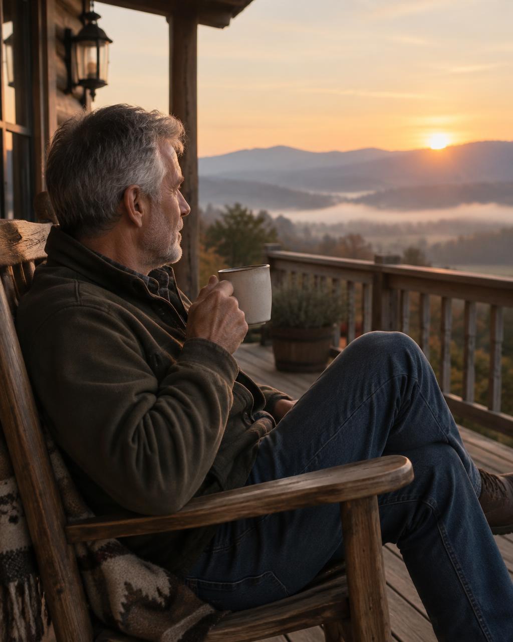 A man around sixty relaxing on a wooden porch with a mug of coffee at sunrise